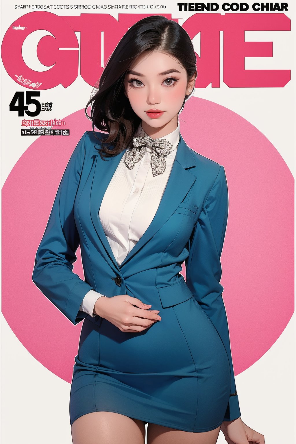 1girl, flight attendant outfit, thigh up body, detailed clothes, looking at viewer, sharp focus, magazine cover, coloful background, ((outline,)) chimai,