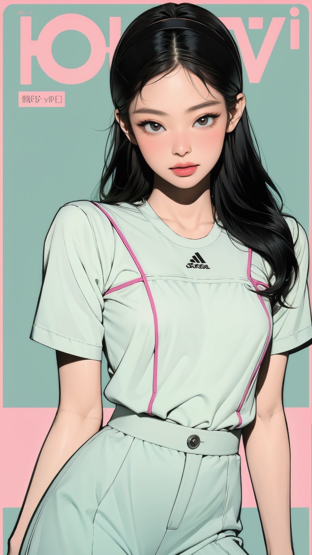 1girl, standing, thigh up body, hairband, ((looking at viewer, tennis girl outfit,)) 2D artstyle, magazine cover, outline, earings, blush, green background, hairstyle, ultra detailed, best quality, sharp focus, kmiu,sim,haohaoulz,aespawinter,huondey,seolhuyn,jennie