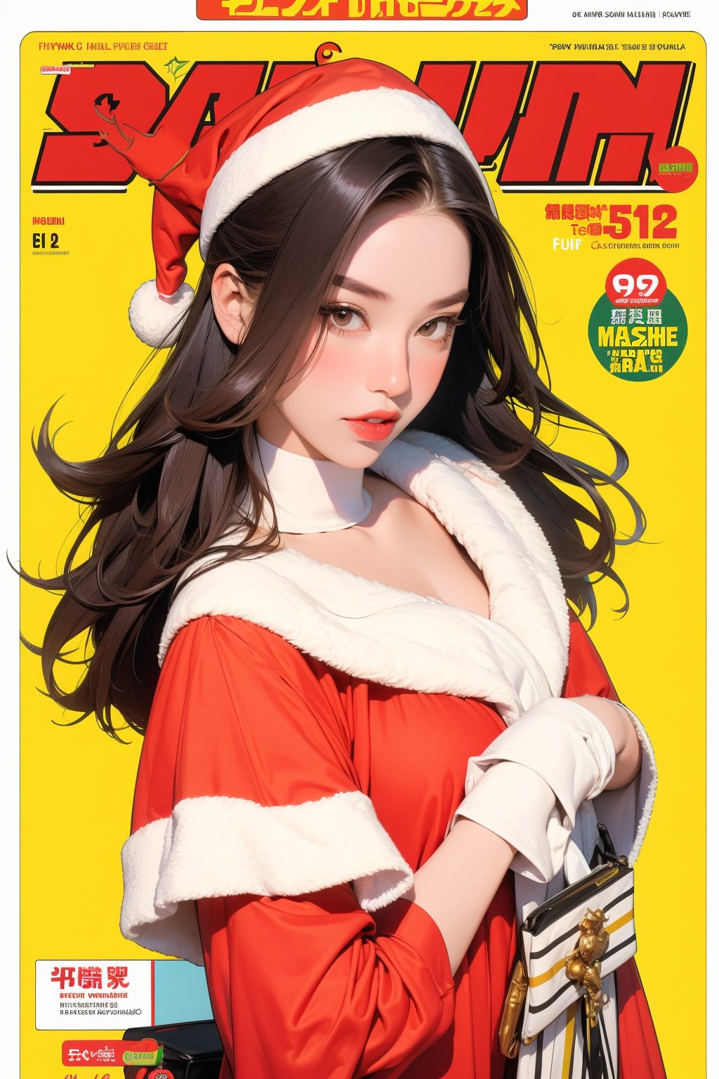 1girl, ((santa girl,)) reindeer horn, furtrim, detailed clothes, looking at viewer, magazine cover, colorful background, outline, 2D artstyle, chimai, hakil