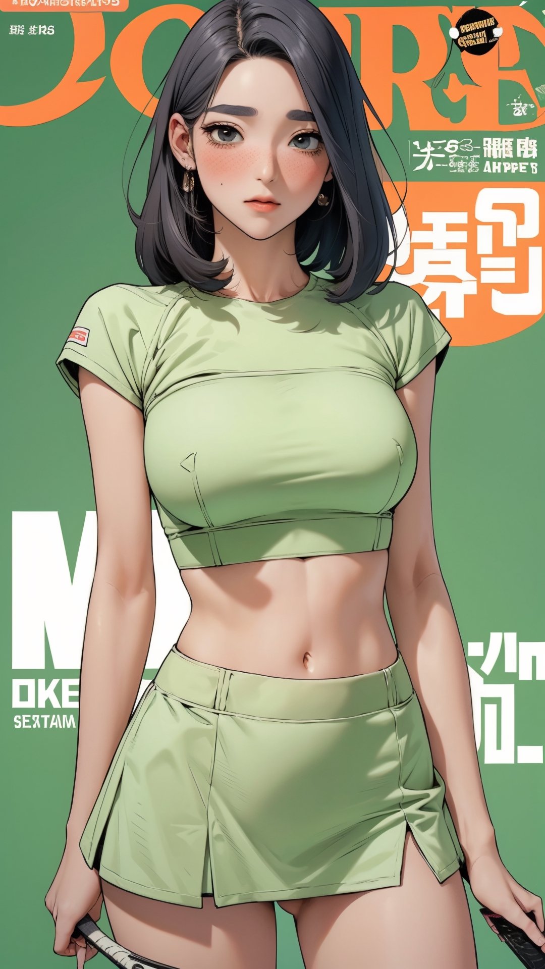 1girl, standing, thigh up body, ((looking at viewer, tennis girl outfit, midriff,)) center opening, 2D artstyle, magazine cover, outline, earings, blush, green background, hairstyle, ultra detailed, best quality, sharp focus, ,DiaSondef