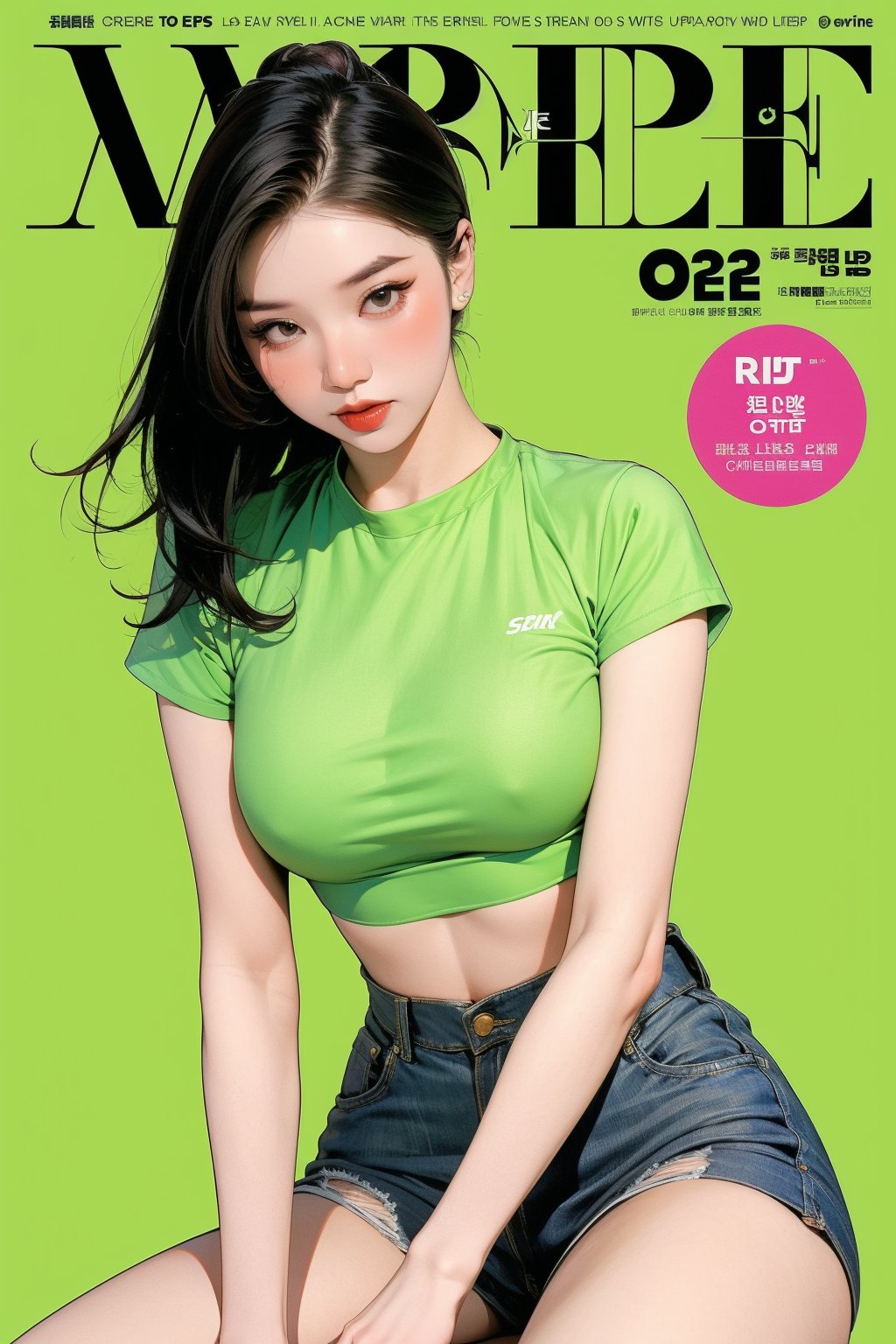 1girl, thigh up body, detailed clothes, kpop idol, hairstyle, croptop, looking at viewer, sharp focus, magazine cover, green background, ((outline,)) chimai, aespakarina,sanatw