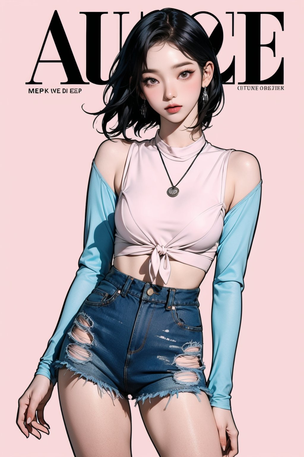 allure, 1girl, thigh up body, detailed clothes, cutout, kpop idol outfit, styled, medium hair, tied hair, looking at viewer, sharp focus, magazine cover, pink background, ((outline,)) chimai, aespakarina,sanatw