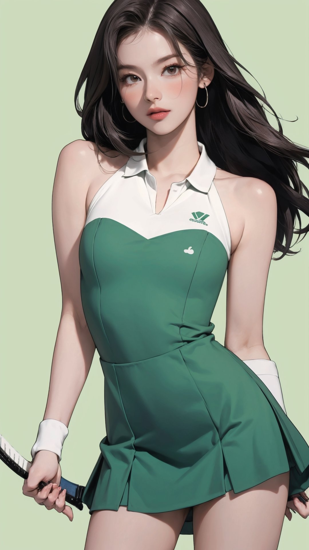 1girl, standing, thigh up body, ((looking at viewer, tennis girl outfit, center opening,)) 2D artstyle, magazine cover, outline, earings, blush, green background, hairstyle, ultra detailed, best quality, sharp focus, ,DiaSondef,sophiesw,Mia ,Anna ,mthanhh,minatw,momo,sanatw