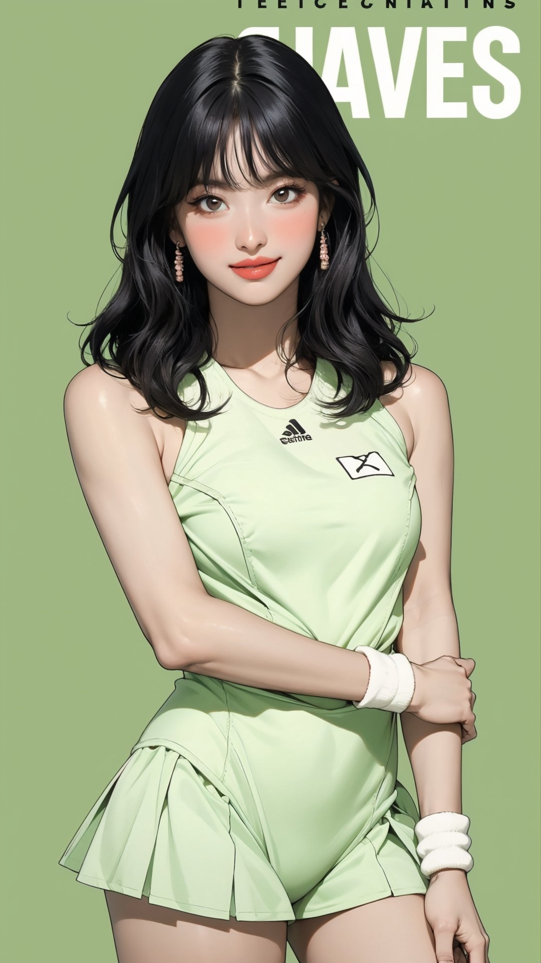 1girl, standing, thigh up body, ((looking at viewer, tennis girl outfit, center opening,)) 2D artstyle, magazine cover, outline, earings, blush, green background, hairstyle, ultra detailed, best quality, sharp focus, ,DiaSondef,sophiesw,Mia ,Anna ,mthanhh,minatw,momo