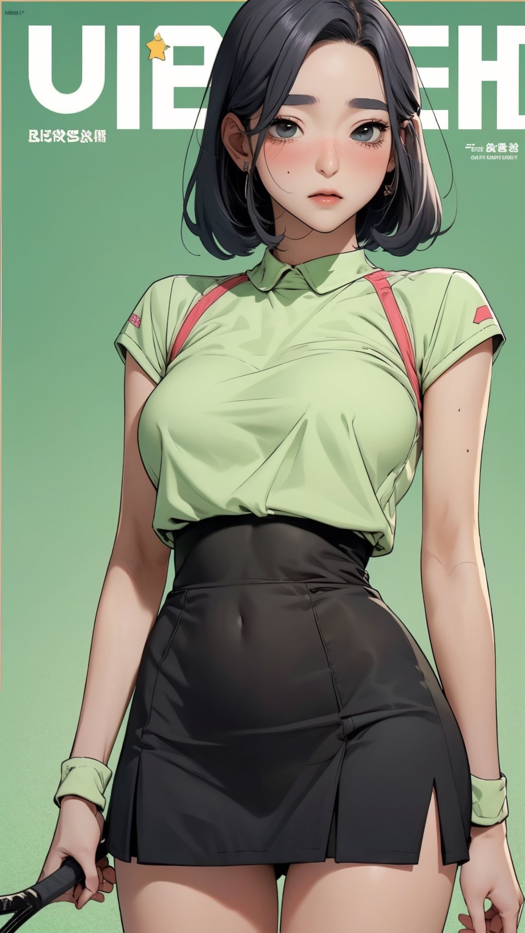 1girl, standing, thigh up body, ((looking at viewer, tennis girl outfit, center opening,)) 2D artstyle, magazine cover, outline, earings, blush, green background, hairstyle, ultra detailed, best quality, sharp focus, ,DiaSondef