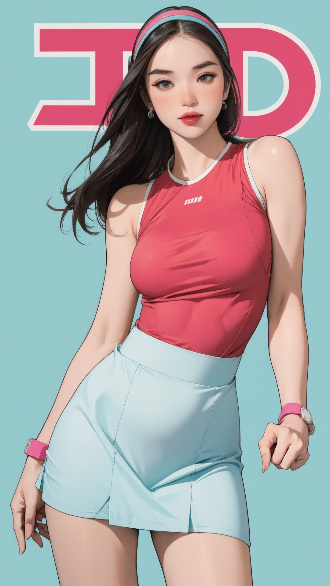 1girl, ((thigh up body, standing,)) magazine cover, outline, 2.5D artstyle, tennis girl outfit, hairband, looking at viewer, earings, blush, cyan background, hairstyle, detailed clothes, sleeveless, ultra detailed, best quality, sharp focus, chimai,