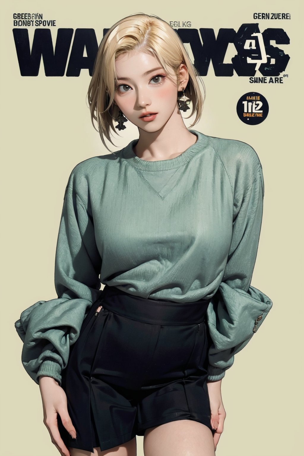 1girl, blonde hair, ((thigh up body,)) looking at viewer, detailed clothes, earrings, sanatw, ((magazine cover, green background,))