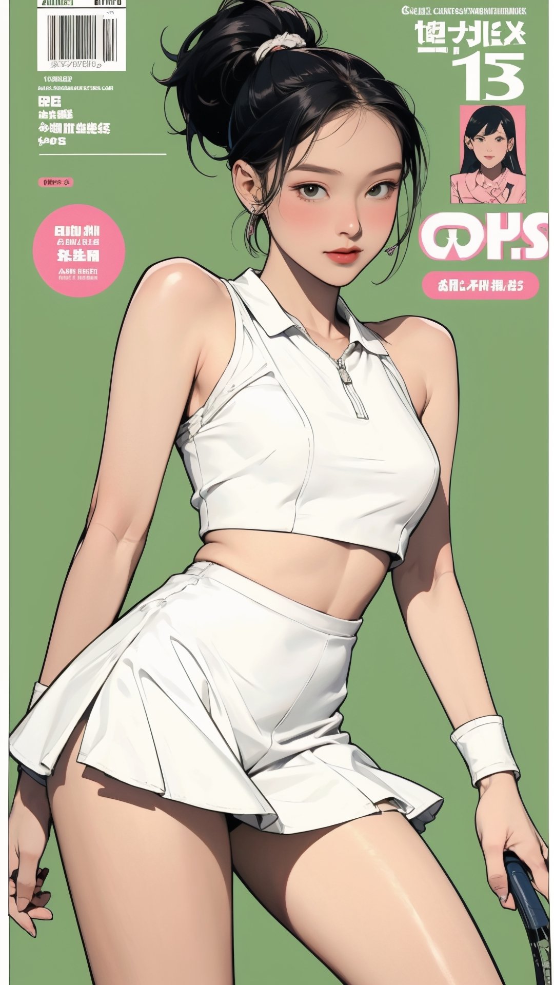 1girl, standing, thigh up body, ((looking at viewer, tennis girl outfit, center opening,)) 2D artstyle, magazine cover, outline, earings, blush, green background, hairstyle, ultra detailed, best quality, sharp focus, ,DiaSondef,sophiesw,Mia ,Anna ,mthanhh