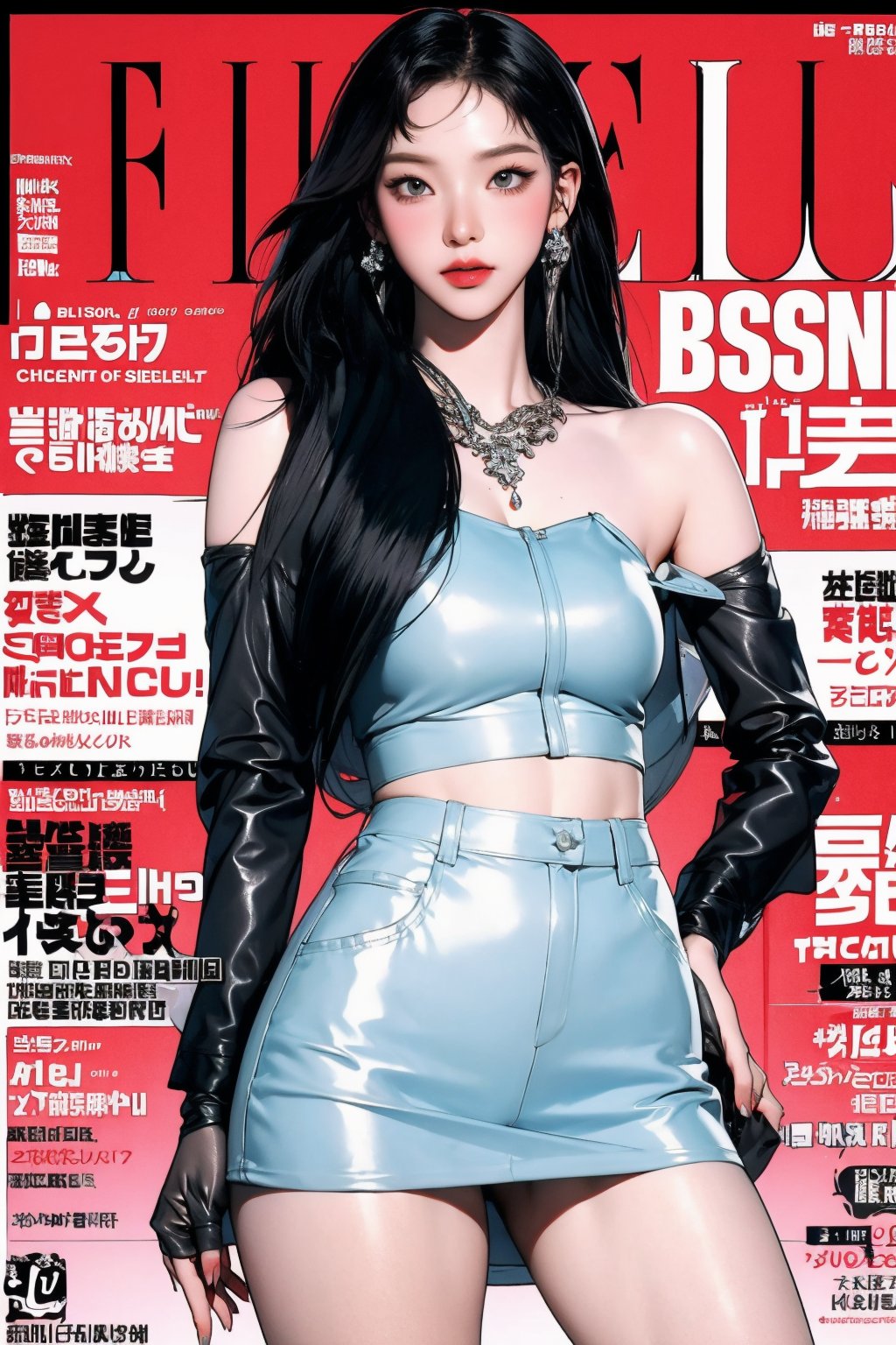 BDSM, allure 1girl, hip up body, standing, see-through, detailed clothes, earrings, magazine cover,  chimai