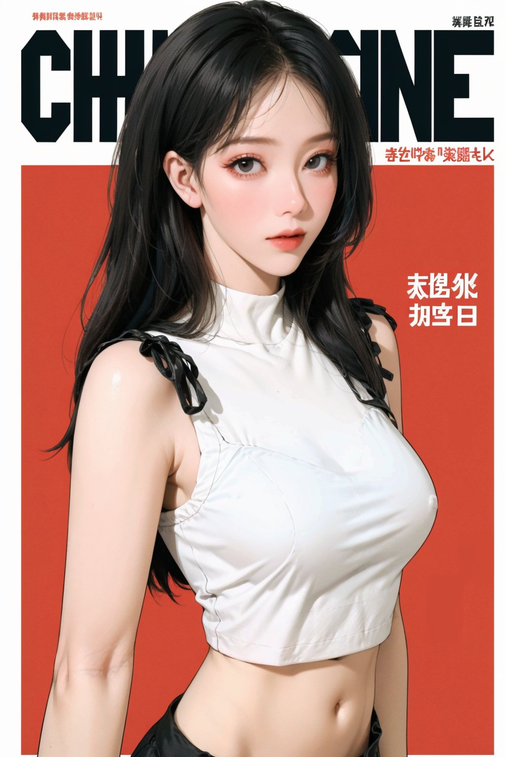 1girl, looking at viewer, styled clothes, turtle neck croptop, sleeveless, hairstyle, sharp focus, magazine cover, coloful background, 2D artstyle, outline, 

chimai,hine,hakil,yuong01,johyun