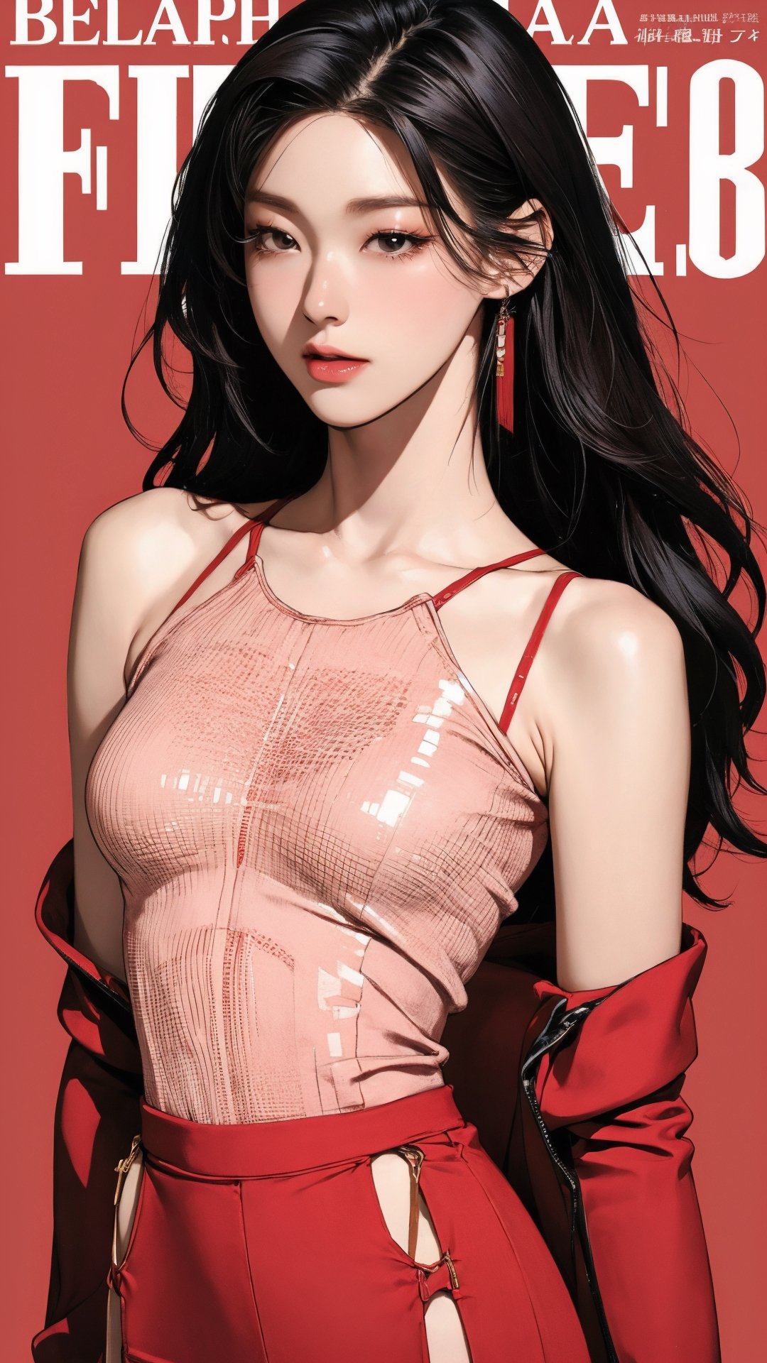 1girl, attendant, looking at viewer, thigh up body, stocking, earings, elegant, blush, red background, hairstyle, styled clothes, cinematic composition, ultra detailed, best quality, sharp focus, magazine cover, outline, 2D artstyle, seolhuyn