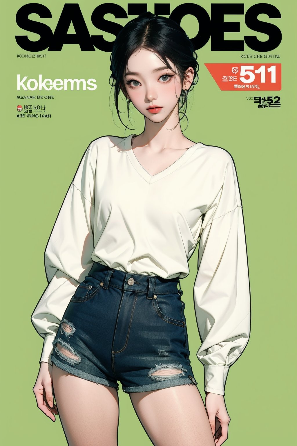 1girl, thigh up body, detailed clothes, kpop idol, hairstyle, long sleeves v_neck shirt, shorts, looking at viewer, sharp focus, magazine cover, green background, ((outline,)) chimai, aespakarina,sanatw