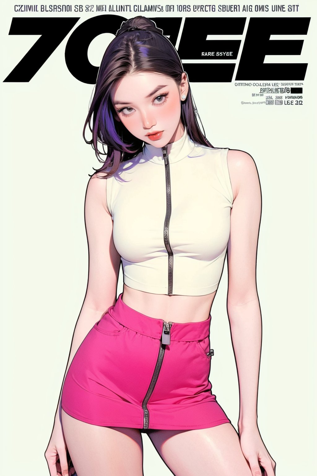 lustful, 1girl, styled clothes, turtle neck croptop, sleeveless, zipped mini skirt, thigh knot, hairstyle, looking at viewer, sharp focus, magazine cover, coloful background, ((2D artstyle, outline,)) chimai,