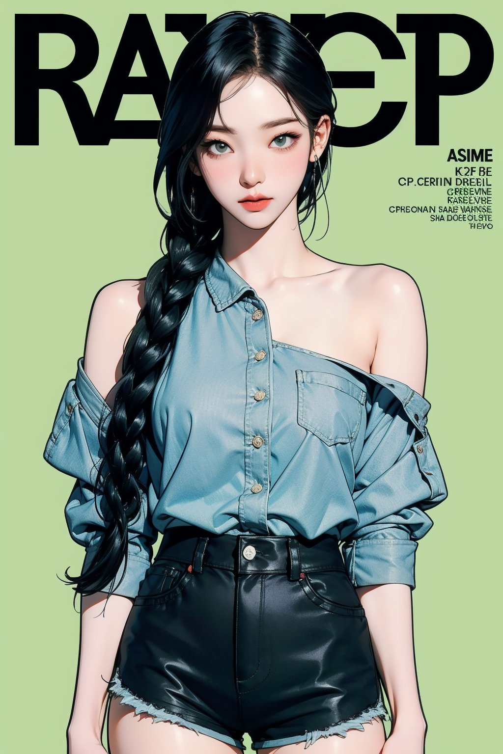 1girl, thigh up body, detailed clothes, kpop idol, shoulder length hair, braided hair, shorts, looking at viewer, sharp focus, magazine cover, green background, ((outline,)) chimai, aespakarina,sanatw