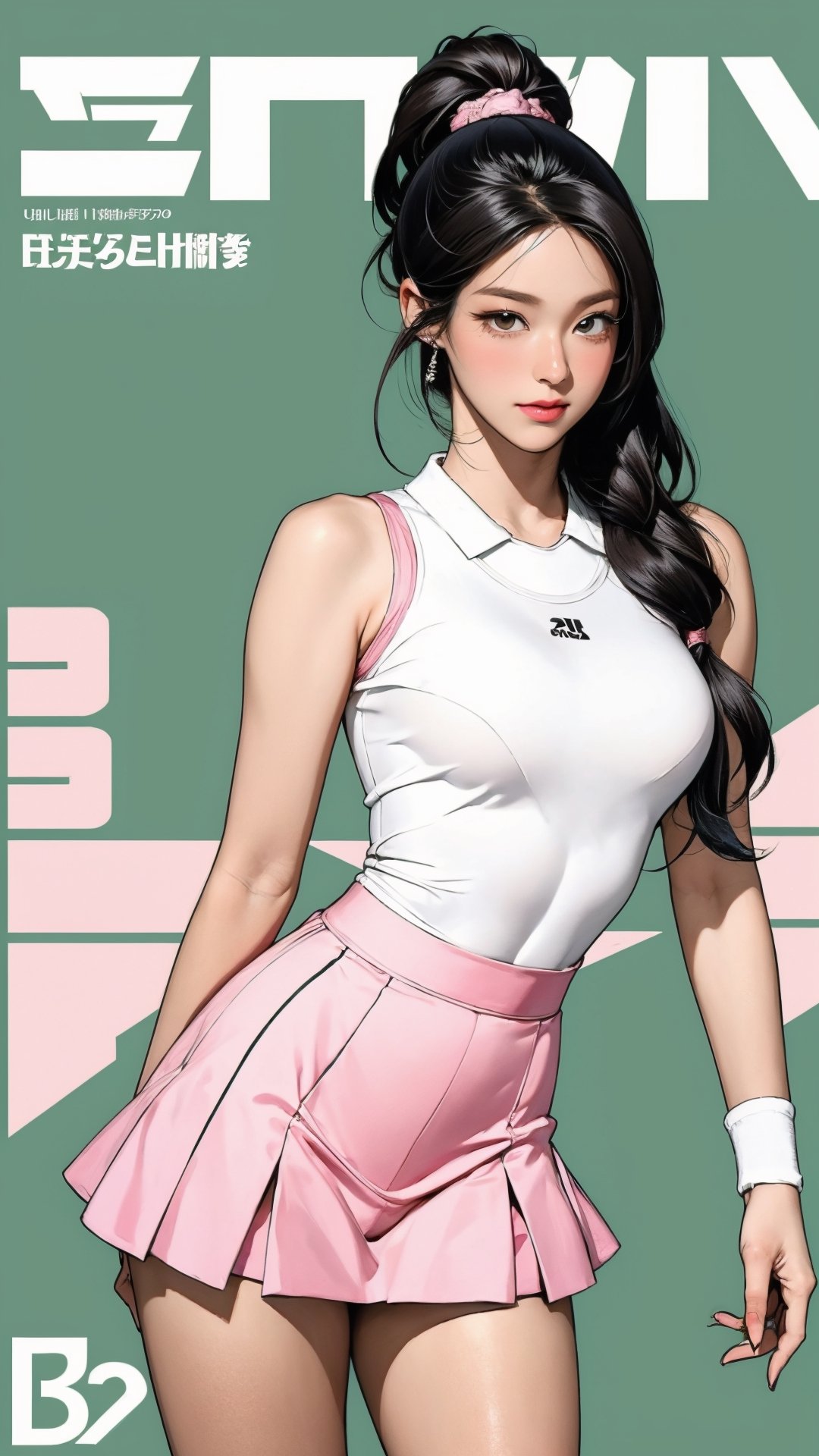 1girl, standing, thigh up body, hairband, ((looking at viewer, tennis girl outfit,)) 2D artstyle, magazine cover, outline, earings, blush, green background, hairstyle, ultra detailed, best quality, sharp focus, kmiu,sim,haohaoulz,aespawinter,huondey,seolhuyn