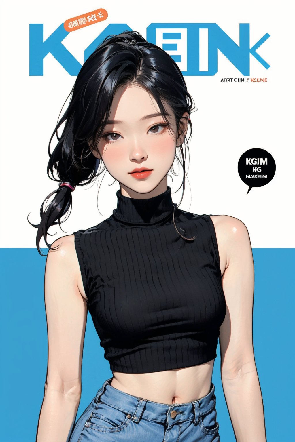 1girl, looking at viewer, styled clothes, turtle neck croptop, sleeveless, hairstyle, sharp focus, magazine cover, coloful background, 2D artstyle, outline, 

chimai,hine,hakil,yuong01,johyun,sim,haohaoulz,kn