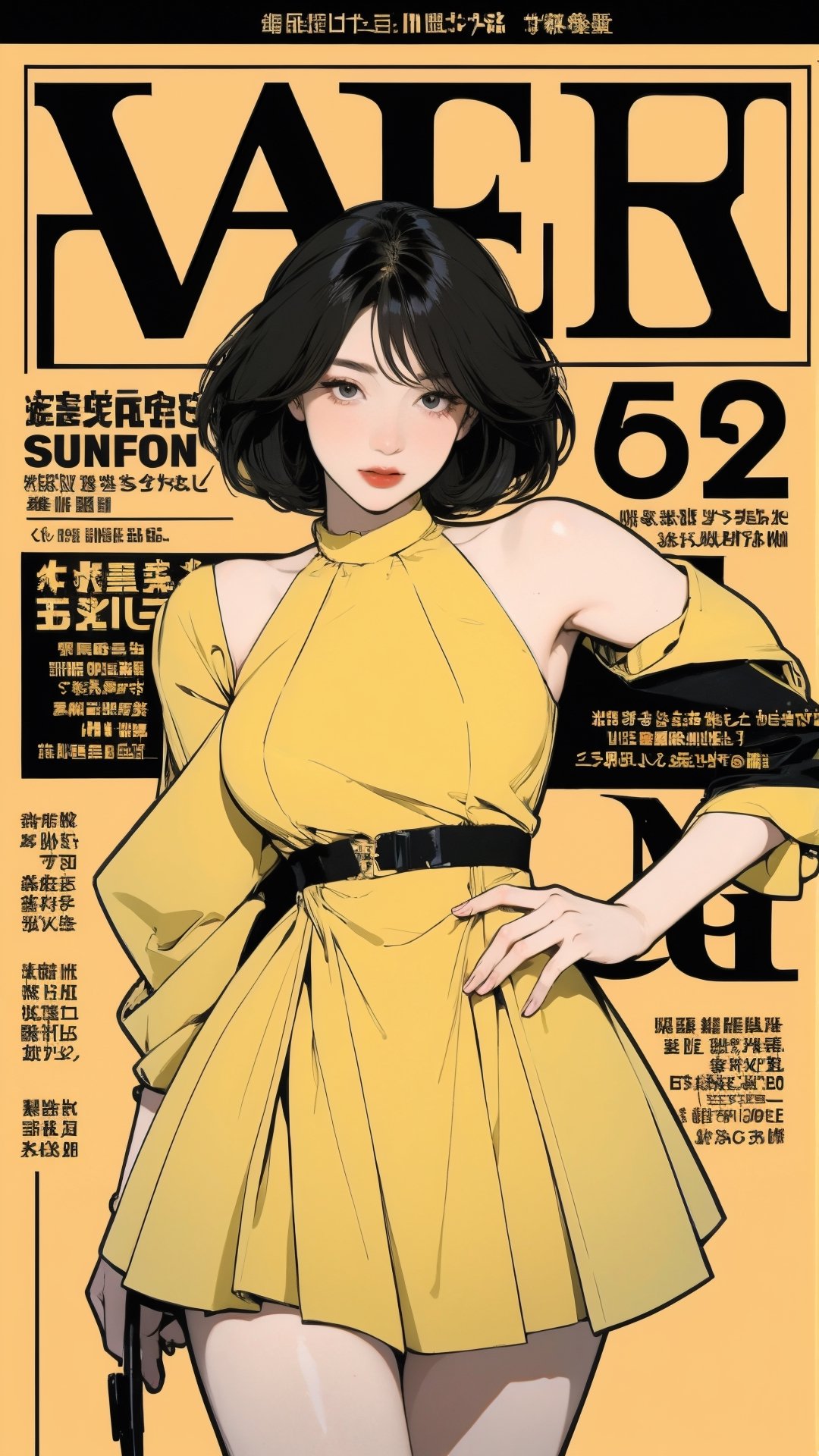 1girl, looking at viewer, thigh up body, sexy and elegant, yellow background, cutout clothing, hairstyle, cinematic composition, styled clothes,  ultra detailed, best quality, sharp focus, magazine cover, outline, 2D artstyle, htt