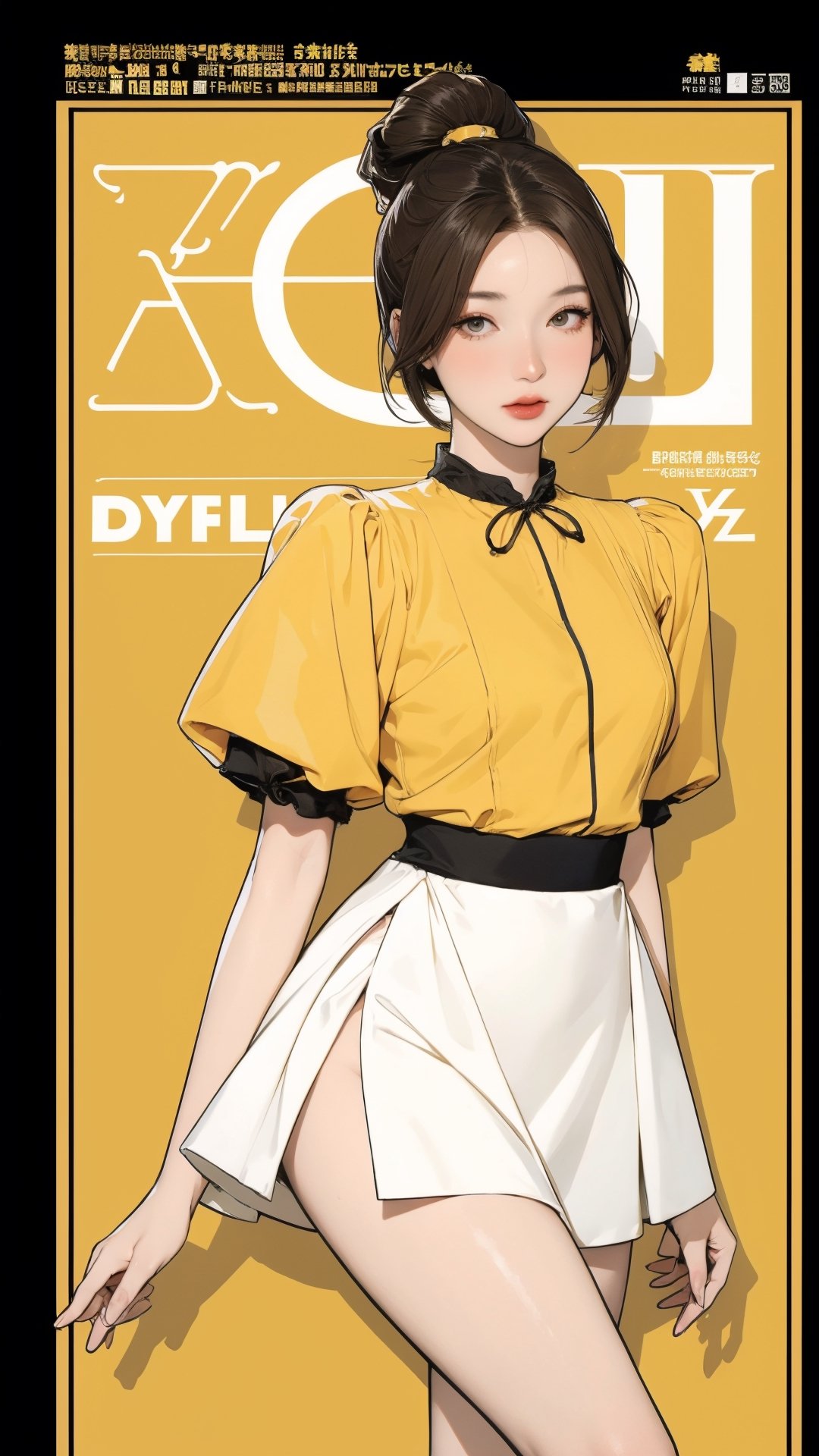 1girl, looking at viewer, thigh up body, sexy and elegant, yellow background, cutout clothing, hairstyle, cinematic composition, styled clothes,  ultra detailed, best quality, sharp focus, magazine cover, outline, 2D artstyle, htt