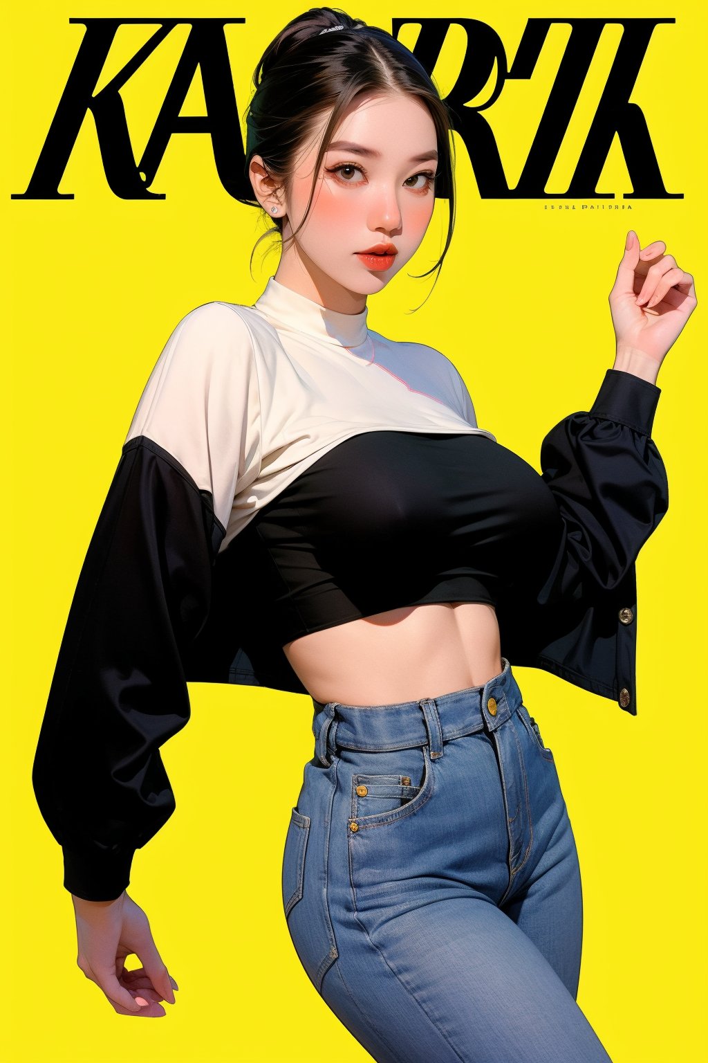 1girl, thigh up body, detailed clothes, kpop idol, hairstyle, croptop, large_boyfriend_jeans_trouser, looking at viewer, sharp focus, magazine cover, yellow background, ((outline,)) chimai, aespakarina,sanatw