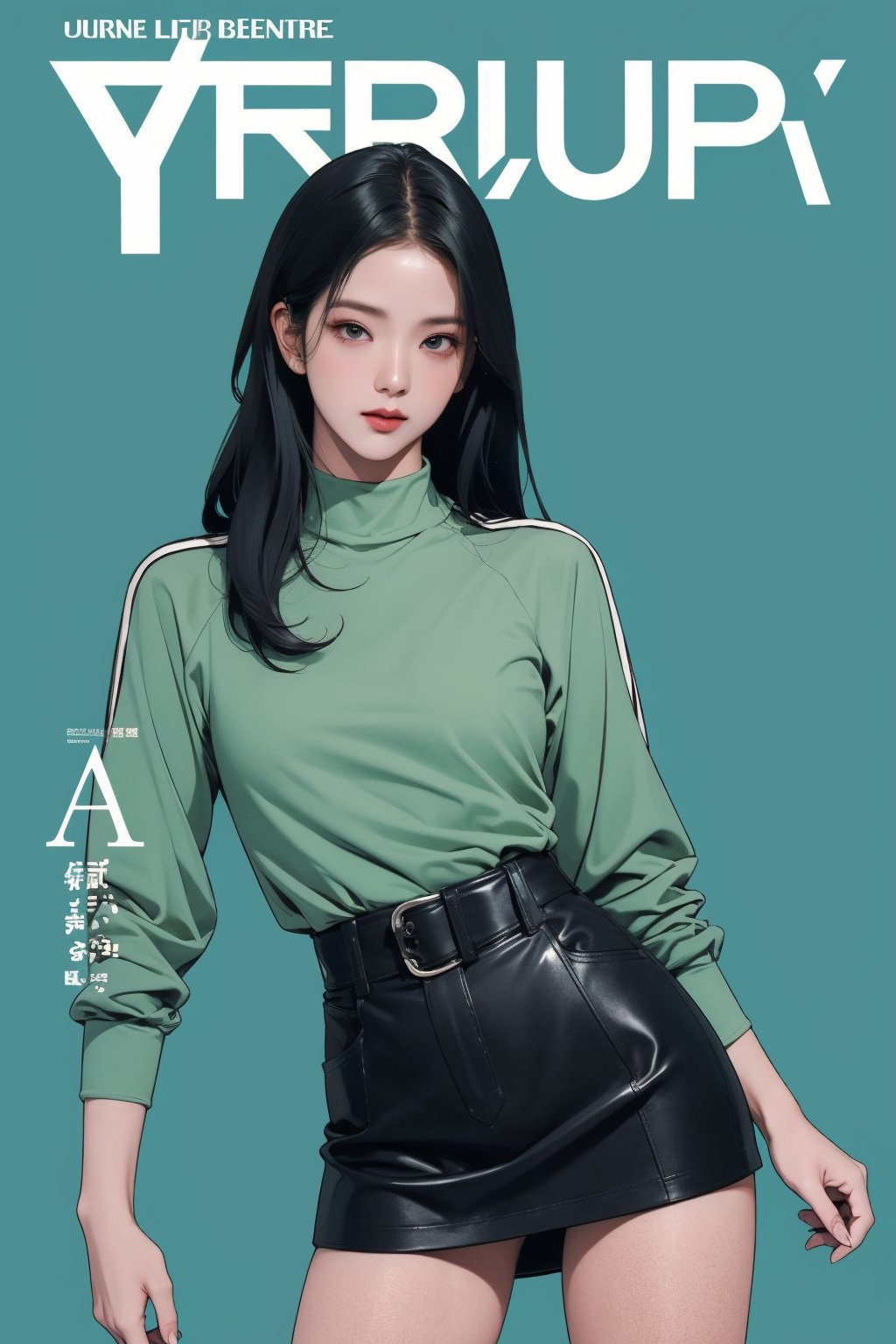 1girl, thigh up body, standing, looking at viewer, detailed clothes, turtle neck shirt, miniskirt, accurate color reproduction, best quality, professionally color graded, artwork, blurring effect, professional lighting, sanatw, magazine cover, green background, jisoo