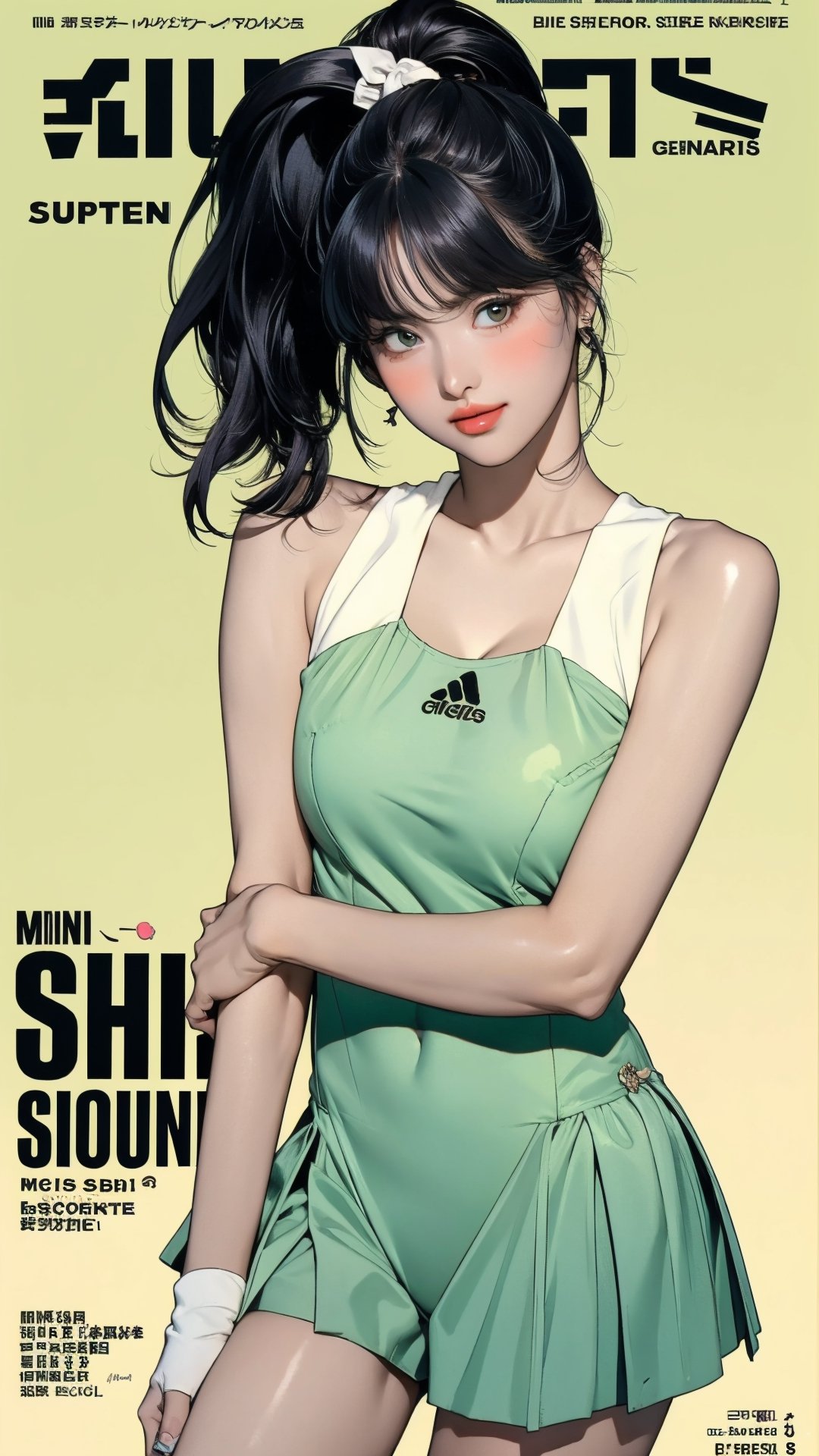 1girl, standing, thigh up body, ((looking at viewer, tennis girl outfit, center opening,)) 2D artstyle, magazine cover, outline, earings, blush, green background, hairstyle, ultra detailed, best quality, sharp focus, ,DiaSondef,sophiesw,Mia ,Anna ,mthanhh,minatw,momo