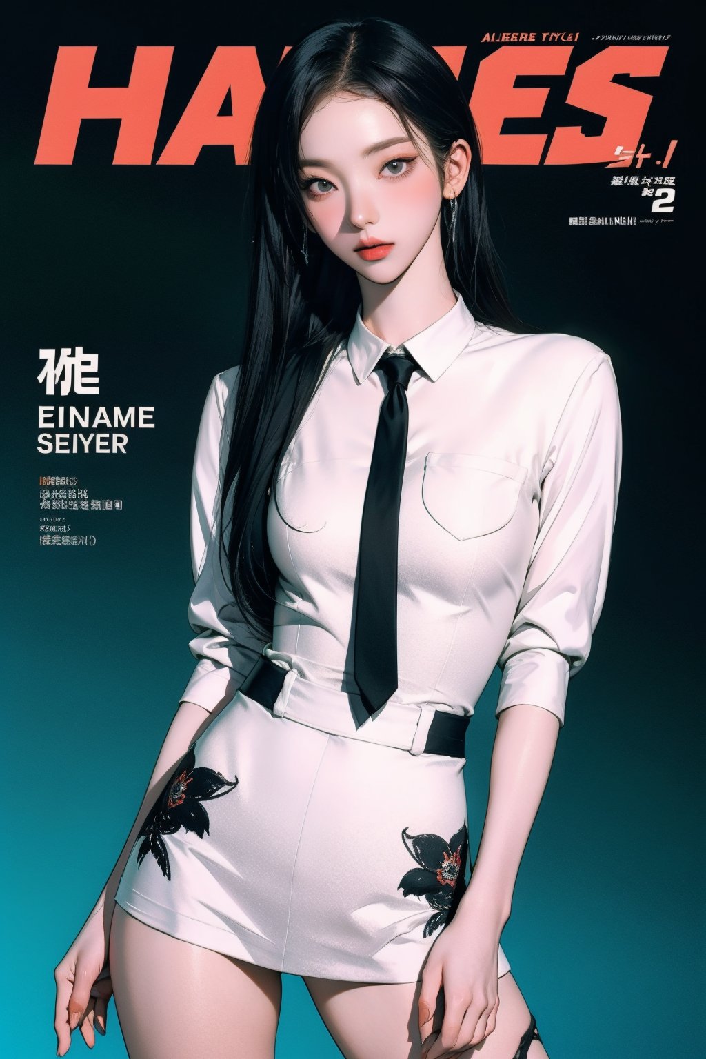 allure, 1girl, flight attendant, thigh up body, styled detailed clothes, looking at viewer, sharp focus, magazine cover, chimai,