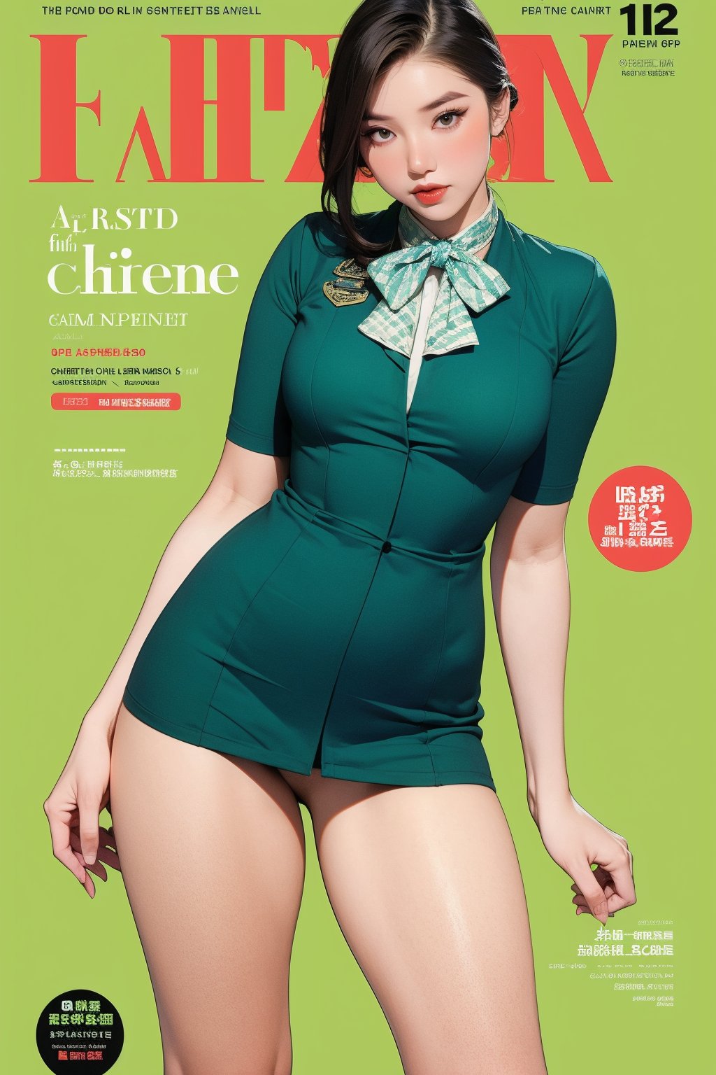 1girl, ((flight attendant outfit,)) thigh up body, detailed clothes, looking at viewer, sharp focus, magazine cover, green background, chimai,