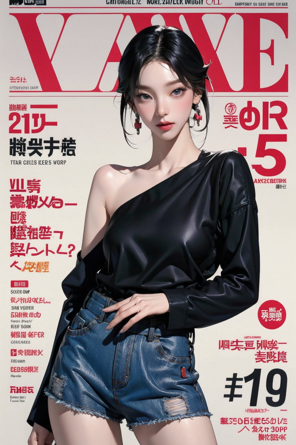 1girl, thigh up body, standing, looking at viewer, styled clothes, hairstyle, aespakarina, magazine cover, earrings, 