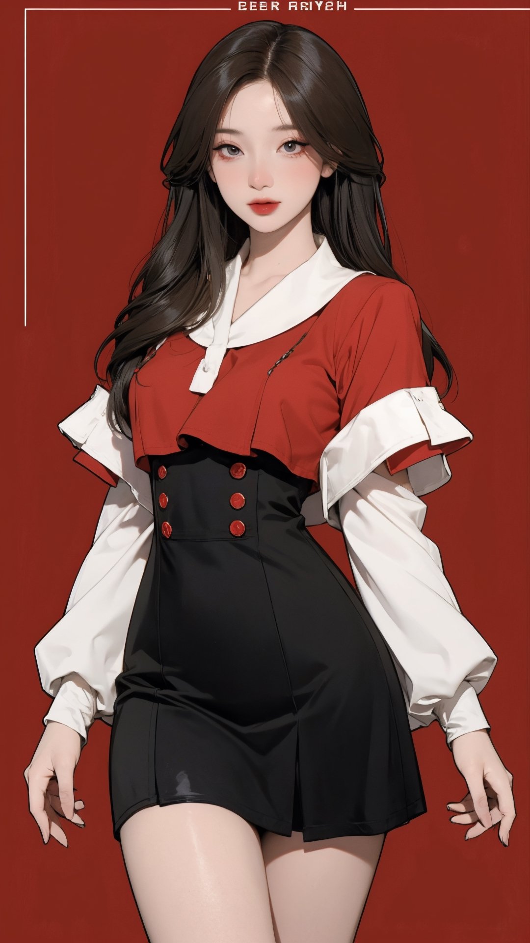 1girl, kpop idol, singer, attendant, looking at viewer, thigh up body, elegant and asthetic, red background, styled clothes, hairstyle, cinematic composition, styled clothes,  ultra detailed, best quality, sharp focus, magazine cover, outline, 2D artstyle,aespakarina,htt