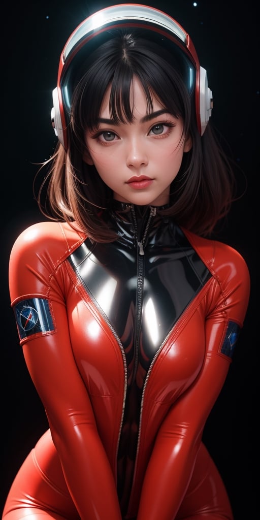 close-up face shot, 1 girl, [Monica Belluci], fiery red jacket, tight suit,Space helm of the 1960s,and the anime series G Force of the 1980s,detailed glossy skin, ultrarealistic sweet girl, space helm 60s, holographic, holographic texture, space,  fashion photography, high resolution, detailed, dreamy, depth of field.