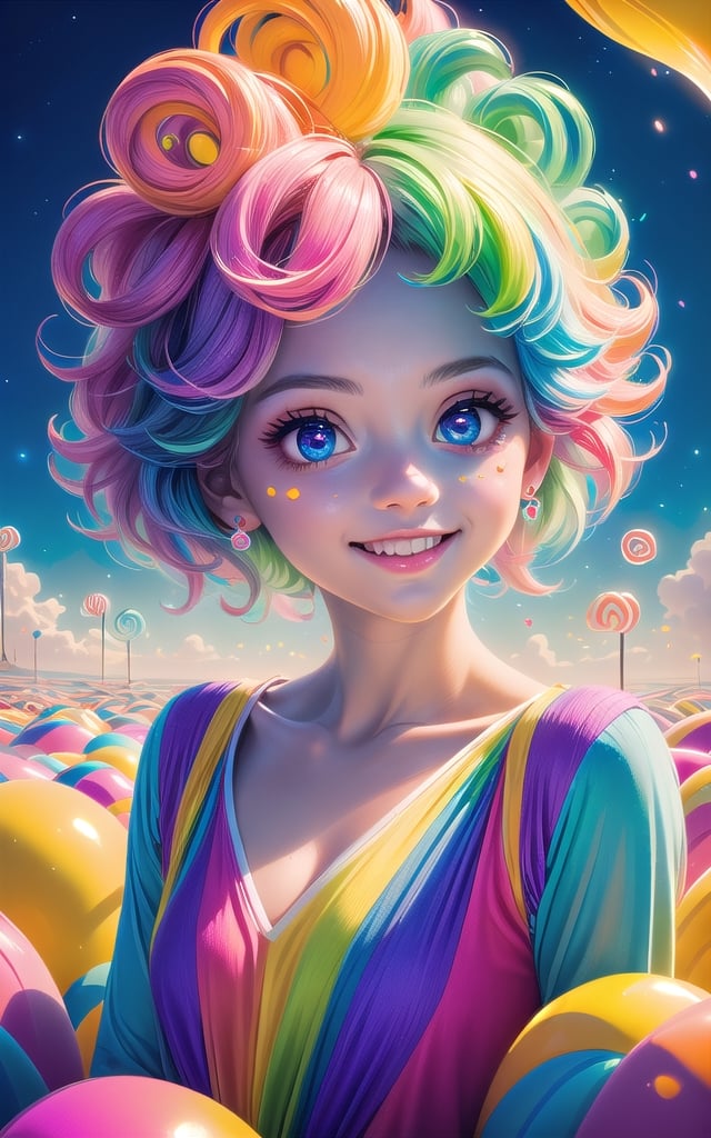 (masterpiece, best quality:1.8), 4k, ultra quality, cryptids, cookie, cute face, glowing, detailed face, in the style of pixar, cloud, colorful, vivid, a fluorescent world made of candy, 1 real beautiful woman, fantastic world, scenery, highly detailed, 3d, beautiful real eyes, personification, cute, (gradients), sweet smile, shiny, delicious, bloom, volumetric lighting, (fantasy), candyland, (jello),  fantastic colors, personification, smooth, extremely detailed,perfecteyes eyes