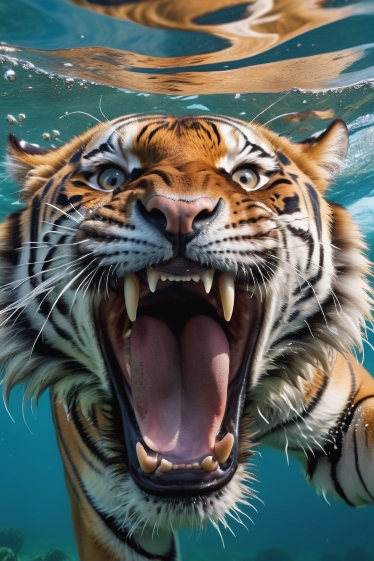 close up photo, real life, underwater, large Bengal tiger aggressively attacking the camera, mouth wide open showing all its huge teeth and fangs, big waves, natural colors, closeup, looking at viewer, 2 huge fangs