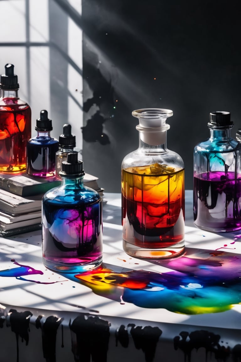 colorful, ink, glass, photo, studio lighting, sony a7, 35mm, hyperrealistic, big depth of field, concept art,White background, rays of light, colors, hyperdetailed, hyperrealistic, (big depth of field), (moody lighting), (ambient light), ((cinematic))