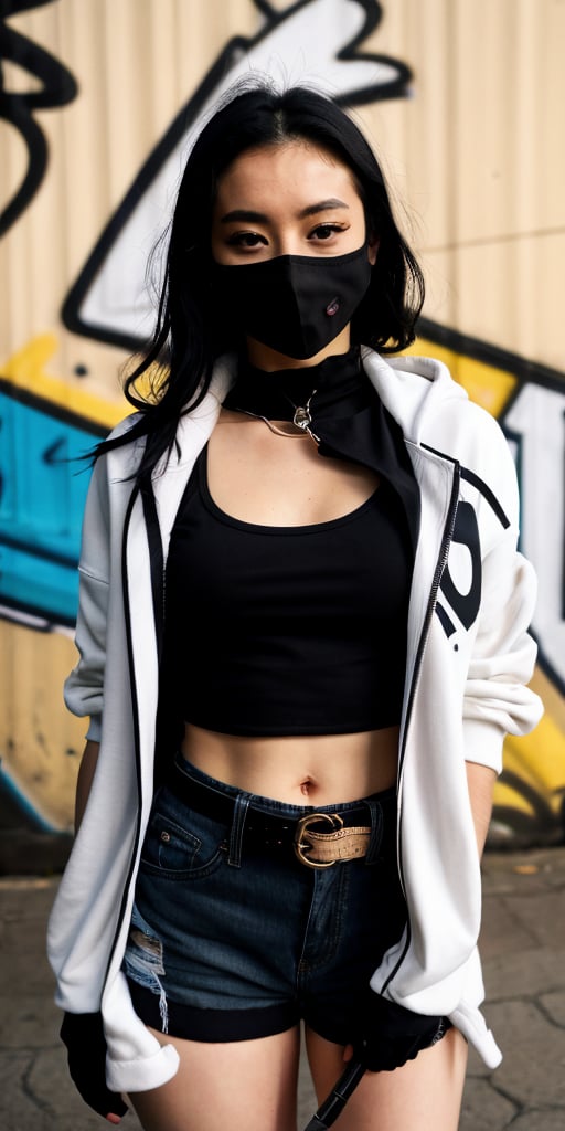 1girl, solo, looking at viewer, black hair, gloves, navel, weapon, shorts, midriff, belt, hood, fingerless gloves, holding weapon, crop top, gun, hoodie, tattoo, mask, mouth mask, body writing, graffiti