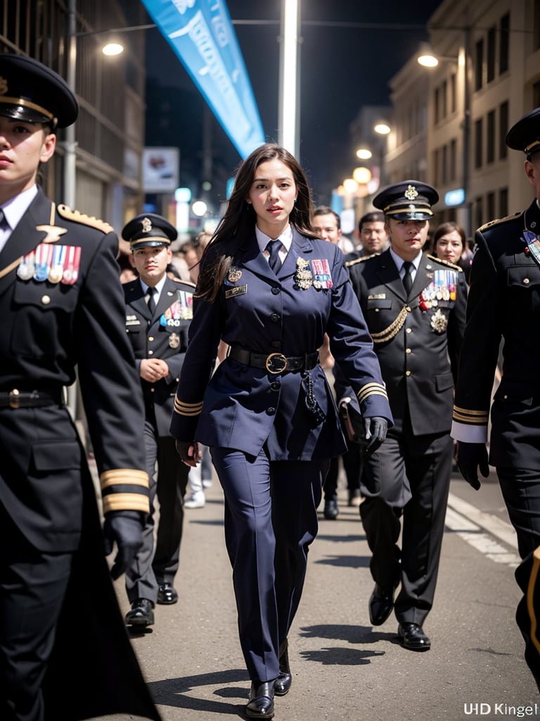 Best quality, 8k, 32k, Masterpiece, Photorealistic, high contrast, (UHD:1.2), lifelike rendering, gun, ak-47,angelawhite, leader with a haphazard sash and dangling medals, SS uniform,Angela Kinsey,sparkly dress, complex background,br1ghtdr3ssng,hands