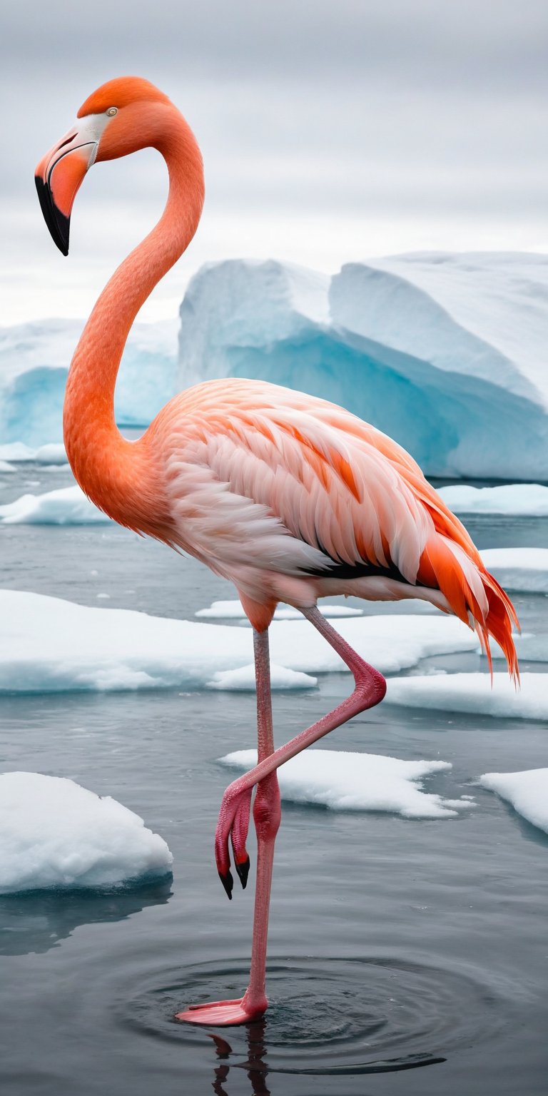 Create a realistic image of a flamingo standing in the arctic ocean