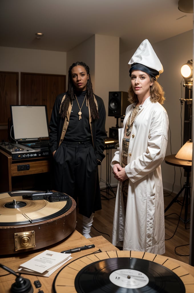 Vintage recording studio fusion: King Baldwin IV of Jerusalem, youthful and stylish, stands alongside Wolfgang Amadeus Mozart, reimagined in modern attire. Snoop Dogg, regal in kingly robes over streetwear, joins the duo amidst Audio Technica AT LP60XUSB turntables and a mix of antique and modern equipment. Edison bulbs illuminate the space, surrounded by vinyl records. The trio's creative energy is palpable as they collaborate on a genre-defying masterpiece. In stark contrast, a disheveled individual with prominent breasts sits in an alley, holding an AR-15 and flashing an unsettling smile.