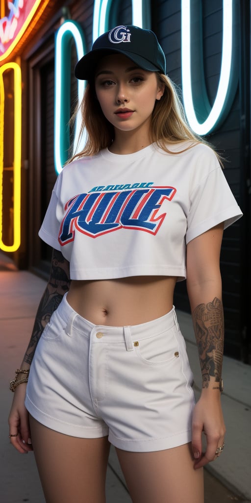 AJ Applegate stood posing in the alley with flashing lights on a nearby billboard. The light reflected on the hip hop clothes and baseball cap AJ was wearing, creating a professional artistic photo, AJ had tattoos on both arms, AJ wears a T-shirt from fashion brand GUCCI