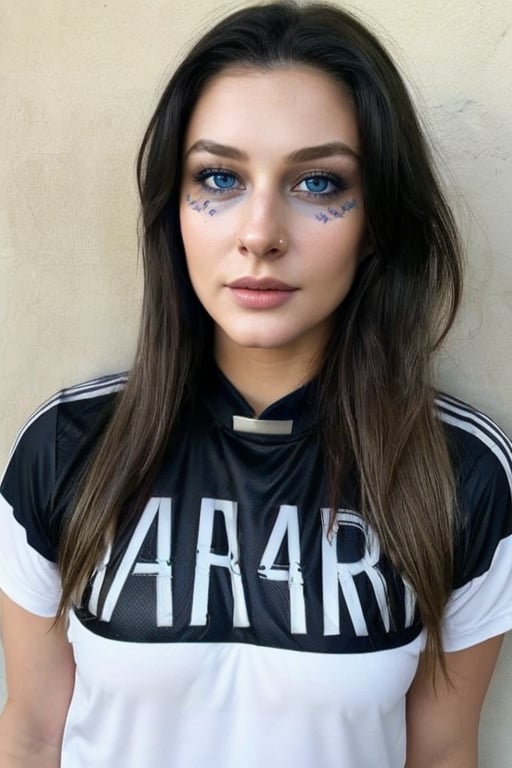 Full body photo of 1i7t713r-smf woman,
(greater details in definitions of face and eyes), clear face, clear eyes, (realistic and detailed skin textures), (extremely clear image, UHD, resembling realistic professional photographs, film grain), a pretty nordic girl wearing a white and grey sports jersey with the text “QATAR AIRWAYS” printed across the front. The person’s face is nordic girl, and she standing against a moss concrete wall. The concrete wall is illuminated by bright sunlight. The person is actually wearing a Paris Saint-Germain (PSG) football team kit with “QATAR AIRWAYS” printed in black text across the front of the jersey. Above the text, there’s a logo consisting of a circle with intricate designs inside it, and below it, there’s Puma’s logo (a jumping cat). One arm of the individual is visible, displaying tattoos on their skin
, ,ruined makeup