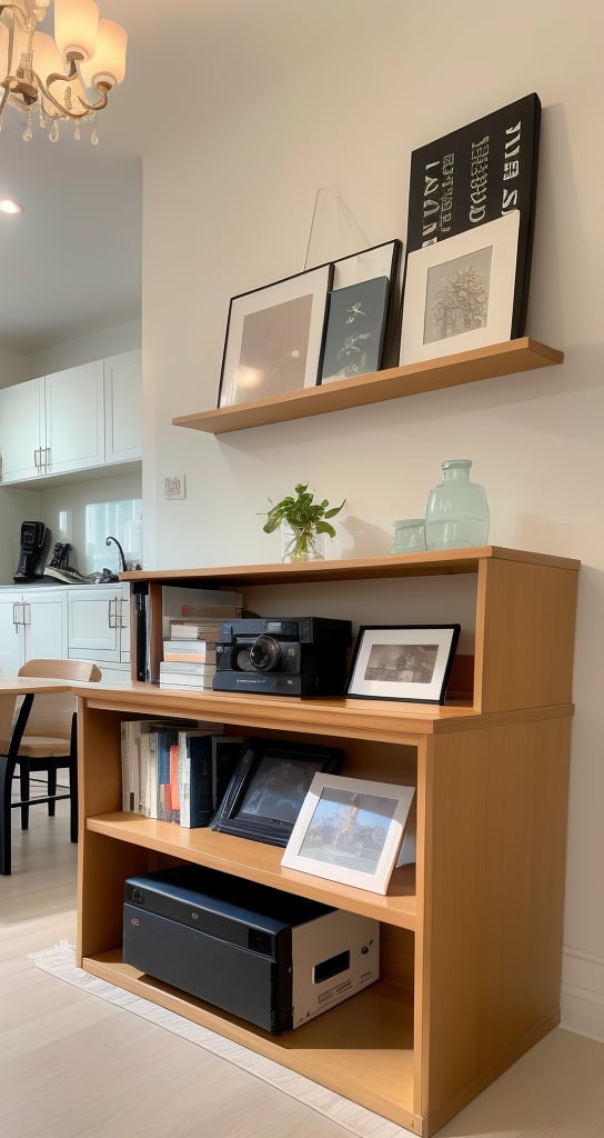 Here's a prompt for generating an image based on the scene:
The scene unfolds against a backdrop of a pristine white wall. A meticulously organized bookshelf takes center stage, its dark wooden frame contrasting sharply with the surrounding brightness.
Top Shelf: On the left, a slender, red-and-white striped object resembling an oar or paddle leans against the wall.
Adjacent to it, an antique camera with bellows rests, its brass accents catching the light.
The far right corner holds an ornate frame, encasing an enigmatic illustration or document.
Middle Shelf: To the left, a stack of books reveals titles like “THE ART OF THE ENGINEER” and “ARCHITECTURE.”
A vintage radio, its dials reminiscent of bygone eras, occupies the center.
Next to the radio, another stack of books—perhaps on design—awaits exploration.
A smaller, mysterious sculpture or decorative piece stands to the right.
Bottom Shelf: Two green glass objects—vases or candleholders—sit side by side on the left.
A second stack of books, their colorful spines hinting at diverse subjects, occupies the center.
An open book, its yellowed pages adorned with text and illustrations, lies partially visible. Is it a forgotten treasure or a study aid?
Adjacent to the open book, a smaller journal or notebook rests spine-outward, its contents concealed.
Finally, on the far right, a meticulously crafted model sailboat graces the shelf, its rigging and sails intricate.
Cabinetry: Below the bookshelves, two closed white cabinets guard their secrets, their surfaces unblemished.
Lighting:
Exposed black wiring hangs above, likely serving as track lighting for the display.
Atmosphere:
The room exudes an air of intellectual curiosity, blending nostalgia with contemporary aesthetics. It invites exploration, urging visitors to decipher its hidden narratives.

