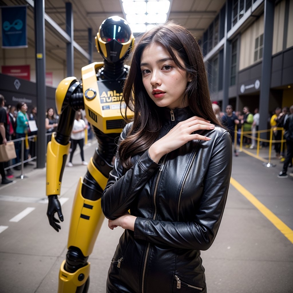 A young woman with luscious wavy brown hair, donning a sleek black jumpsuit, exudes confidence as she strikes a pose in front of a massive vibrant yellow robot with piercing blue eyes. The scene unfolds indoors, amidst the hum of a convention or exhibition, where futuristic energy and vivid colors harmonize. Framed by the EOS 5D Canon Mark IV lens, the dynamic composition captures the fusion of modernity and whimsy.,du4l1p4,pornstar