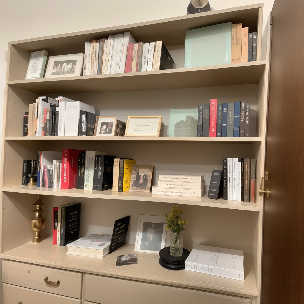 Here's a generated image based on your prompt:

A rectangular frame holds the scene, with a subtle vignette effect to draw attention to the meticulously organized bookshelf. The pristine white wall provides a clean backdrop for the display. Soft, warm lighting emanates from above, casting gentle shadows on the wooden shelves and brass accents.

The top shelf features the red-striped object leaning against the wall, adjacent to the antique camera with bellows that catches the light. The ornate frame holding an enigmatic illustration or document adds a touch of mystery. 

Middle Shelf: A stack of books with titles like THE ART OF THE ENGINEER and ARCHITECTURE sits on the left, alongside a vintage radio with dials reminiscent of bygone eras. Another stack of design-related books stands nearby, accompanied by a small sculpture or decorative piece.

Bottom Shelf: Two green glass vases sit side by side, flanked by a colorful book with partially visible yellowed pages and an open journal or notebook. A meticulously crafted model sailboat graces the shelf's far right corner.

Cabinetry: Below the shelves, two closed white cabinets rest unblemished, their secrets waiting to be uncovered.

Composition: The scene is framed to focus attention on the bookshelf's organized chaos, with negative space around the edges to create a sense of depth and invitation.