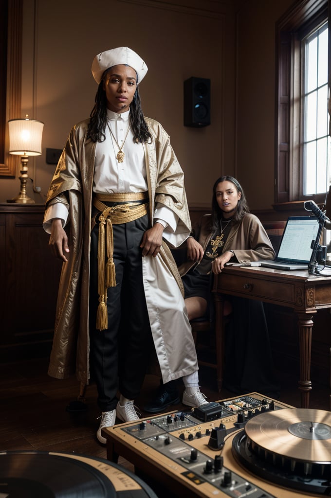 Vintage recording studio fusion: King Baldwin IV of Jerusalem, youthful and stylish, stands alongside Wolfgang Amadeus Mozart, reimagined in modern attire. Snoop Dogg, regal in kingly robes over streetwear, joins the duo amidst Audio Technica AT LP60XUSB turntables and a mix of antique and modern equipment. Edison bulbs illuminate the space, surrounded by vinyl records. The trio's creative energy is palpable as they collaborate on a genre-defying masterpiece. In stark contrast, a disheveled individual with prominent breasts sits in an alley, holding an AR-15 and flashing an unsettling smile.