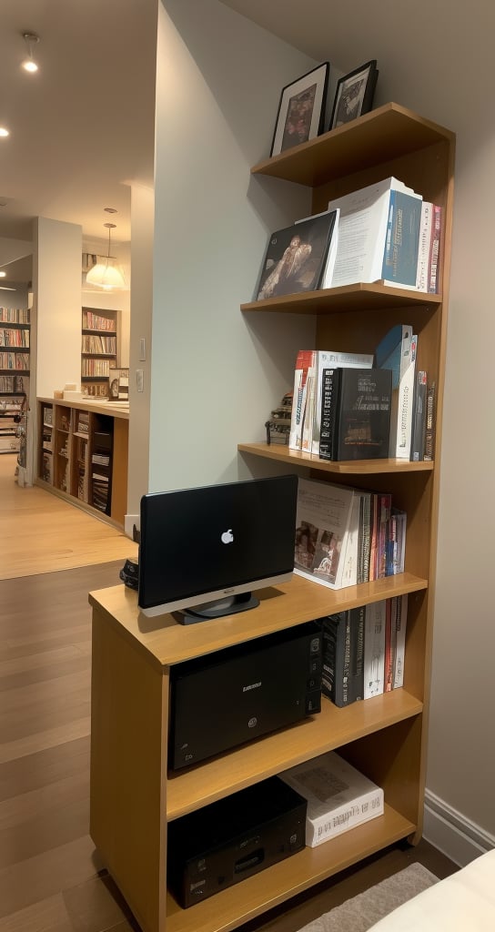 Here's a prompt for generating an image based on the scene:
The scene unfolds against a backdrop of a pristine white wall. A meticulously organized bookshelf takes center stage, its dark wooden frame contrasting sharply with the surrounding brightness.
Top Shelf: On the left, a slender, red-and-white striped object resembling an oar or paddle leans against the wall.
Adjacent to it, an antique camera with bellows rests, its brass accents catching the light.
The far right corner holds an ornate frame, encasing an enigmatic illustration or document.
Middle Shelf: To the left, a stack of books reveals titles like “THE ART OF THE ENGINEER” and “ARCHITECTURE.”
A vintage radio, its dials reminiscent of bygone eras, occupies the center.
Next to the radio, another stack of books—perhaps on design—awaits exploration.
A smaller, mysterious sculpture or decorative piece stands to the right.
Bottom Shelf: Two green glass objects—vases or candleholders—sit side by side on the left.
A second stack of books, their colorful spines hinting at diverse subjects, occupies the center.
An open book, its yellowed pages adorned with text and illustrations, lies partially visible. Is it a forgotten treasure or a study aid?
Adjacent to the open book, a smaller journal or notebook rests spine-outward, its contents concealed.
Finally, on the far right, a meticulously crafted model sailboat graces the shelf, its rigging and sails intricate.
Cabinetry: Below the bookshelves, two closed white cabinets guard their secrets, their surfaces unblemished.
Lighting:
Exposed black wiring hangs above, likely serving as track lighting for the display.
Atmosphere:
The room exudes an air of intellectual curiosity, blending nostalgia with contemporary aesthetics. It invites exploration, urging visitors to decipher its hidden narratives.

