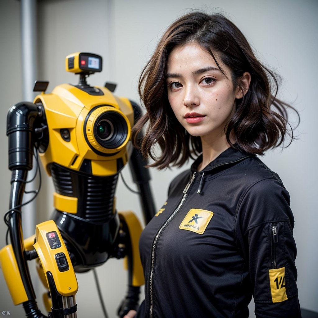 A young woman with luscious wavy brown hair, donning a sleek black jumpsuit, exudes confidence as she strikes a pose in front of a massive vibrant yellow robot with piercing blue eyes. The scene unfolds indoors, amidst the hum of a convention or exhibition, where futuristic energy and vivid colors harmonize. Framed by the EOS 5D Canon Mark IV lens, the dynamic composition captures the fusion of modernity and whimsy.,du4l1p4,pornstar,GAME_ResidentEvil4Remake_ExcellaGionne_o