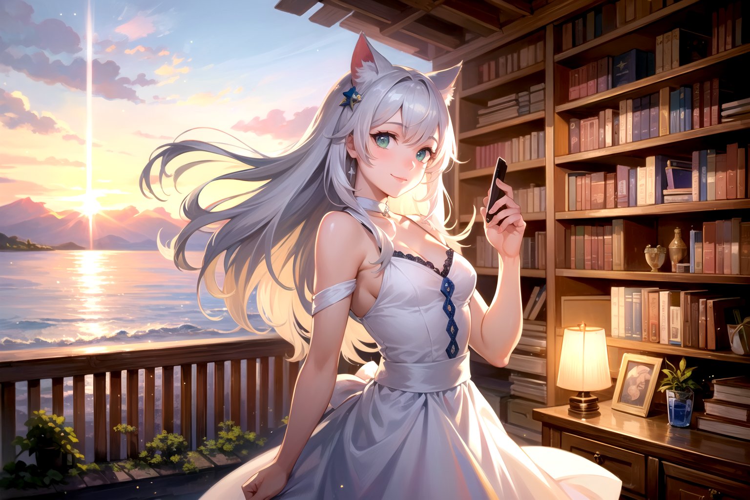 (8k, best quality, masterpiece:1.4), ultra high res, amazing, (realistic:1.48), 1girl, solo, shoot sky view, swept back hair, detailed pupils, blue sky, books, notebooks, ultra detailed moss green eyes, (scenery), (lens flare:1), realistic shadows from objects, meteor shower, detailed background, bookshelf, book stack, 1 girl cat ears silver long hair, (bottles sphere:0.5), golden light, mana light, star trail, outdoors library, detailed lighting, soft lighting colorful, beach scenery, ray light, white gown, chest, many crystals in wooden chest, golden light, (crystal daylight:0.6), botanical ornaments, botanical books, potion in glass bottle, smile, light smile