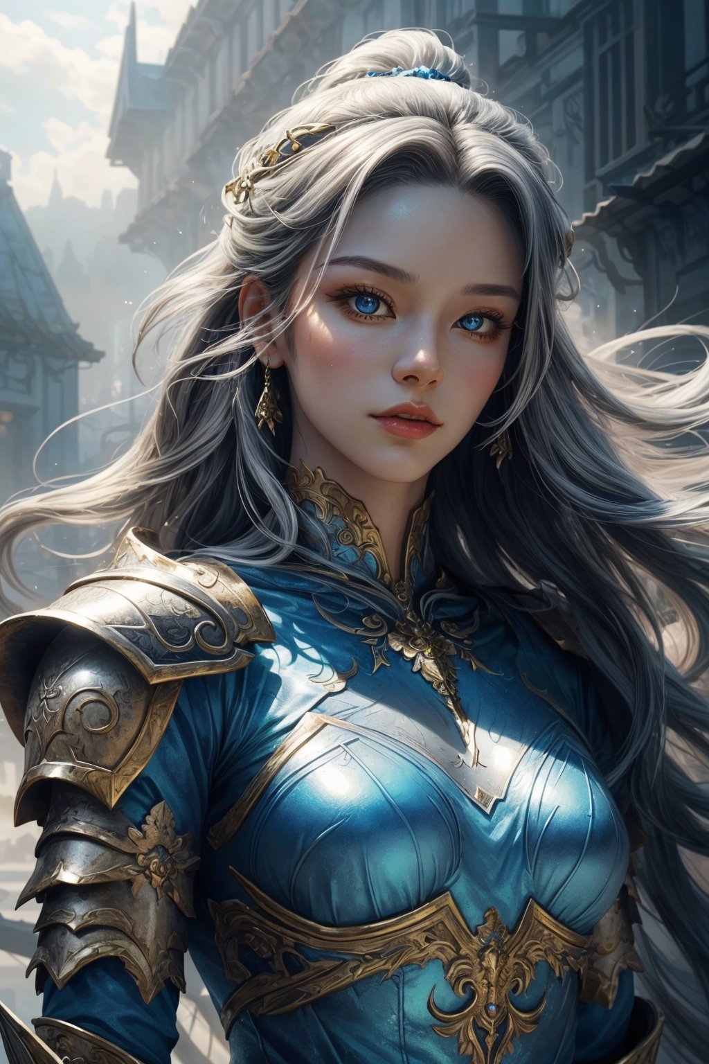 a close up of a woman in a silver and blue dress, chengwei pan on artstation, by Yang J, detailed fantasy art, stunning character art, fanart best artstation, epic exquisite character art, beautiful armor, extremely detailed artgerm, detailed digital anime art, artgerm on artstation pixiv, armor girl,blurry_light_background,EpicArt