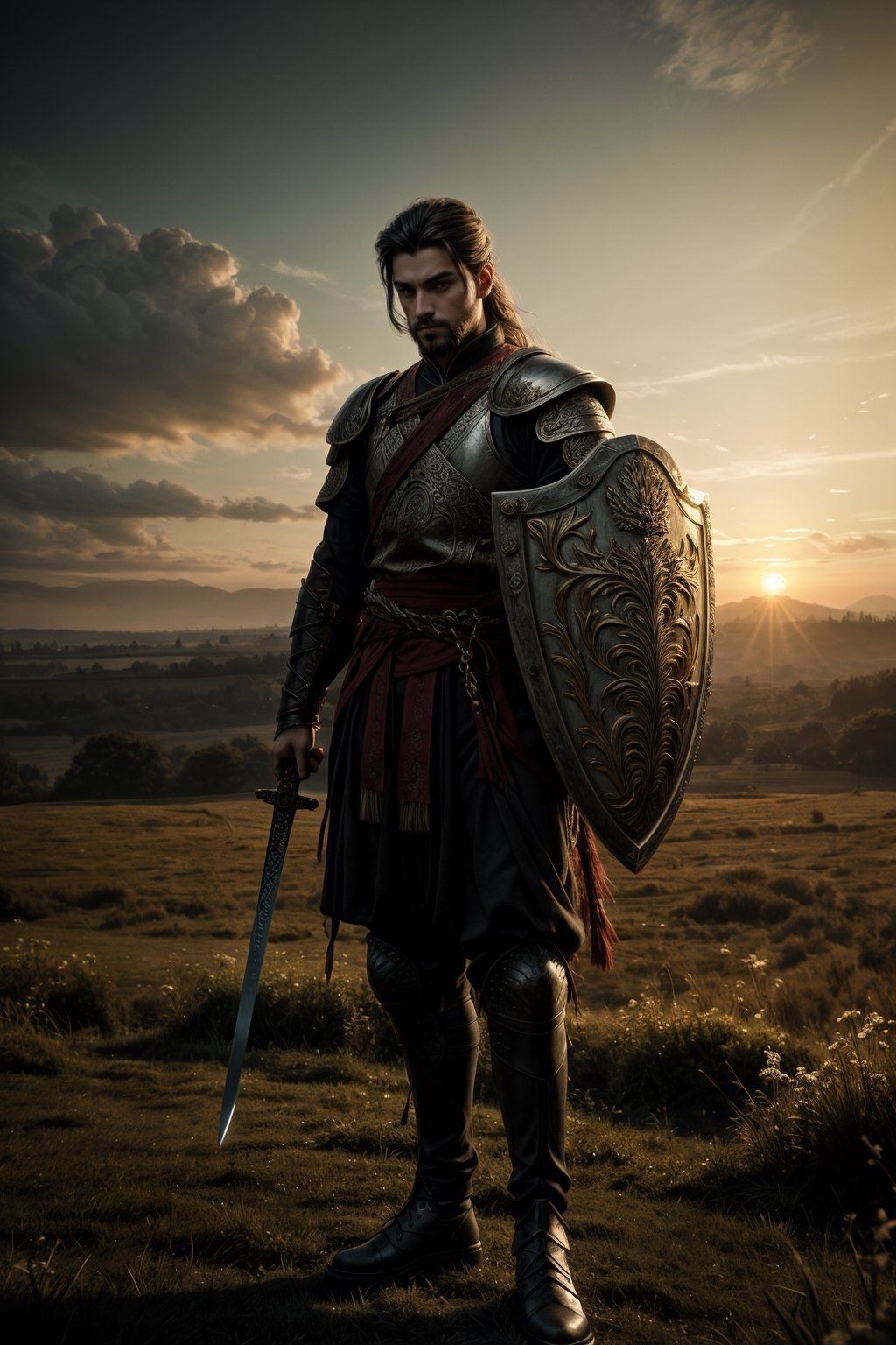 A good looking young prince, tied up hairstyle, thin beard, athletic, wearing full body armor with sword on his back, standing with natural pose at the meadow hill, carrying shield, sunset background, into the dark, deep shadow, cinematic, masterpiece, best quality, high resolution