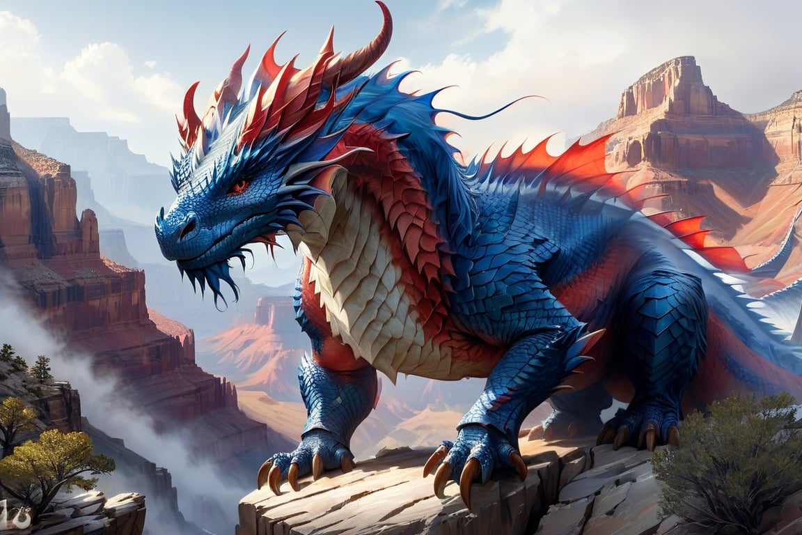 A hyper-realistic dragon with distinctly American features, blending natural and patriotic elements. The dragon's scales are a deep mix of red and blue, with subtle hints of white, creating a bold and powerful appearance. The dragon’s body is muscular, with large, leathery wings, sharp claws, and a fierce, piercing gaze. Its scales have a natural texture but are colored to evoke a sense of American pride. Like the Grand Canyon or the Rocky Mountains, with dramatic lighting that emphasizes its majestic form and the vast, rugged landscape. The overall scene is photorealistic, blending the dragon seamlessly into the American setting, creating a powerful and awe-inspiring image. Background like the Grand Canyon or the Rocky Mountains, with dramatic lighting that emphasizes its majestic form and the vast, rugged landscape.