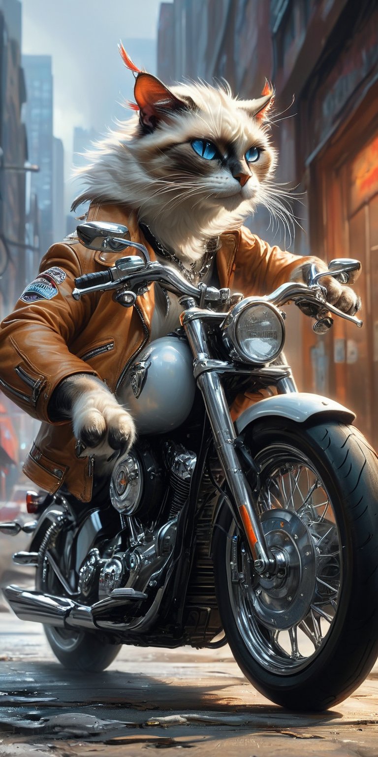 A sleek, mischievous Siamese cat caught mid-action, raiding a Harley-Davidson motorcycle. The setting is a dimly lit urban garage with neon lights flickering in the background, casting shadows over polished chrome and leather seats. The cat, with its striking blue eyes and cream-colored fur with dark markings, is perched on the black leather seat, curiously investigating the bike’s shiny handlebars and mirrors. One paw is outstretched toward a dangling keychain with a Harley-Davidson logo, while the other is balanced on the edge of the bike. The cat's agile body contrasts with the rugged, powerful design of the motorcycle, creating a scene that's both playful and rebellious. In the background, scattered tools, biker jackets, and a vintage gas pump add to the authentic, gritty atmosphere, blending the elegance of the Siamese cat with the iconic image of freedom and adventure that Harley-Davidson represents.